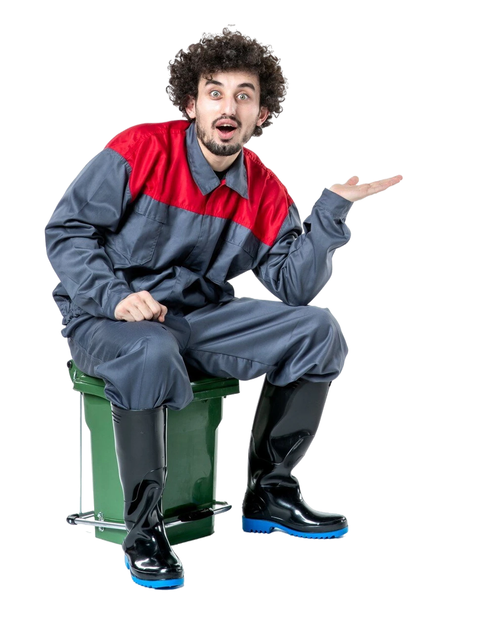 front-view-male-worker-uniform-sitting-little-trash-can-white-wall